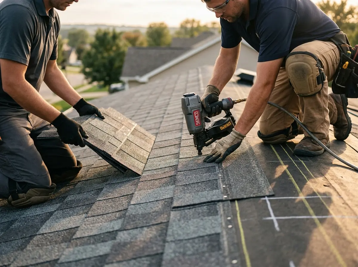 Professional roofer working on a residential roof in Moapa Valley